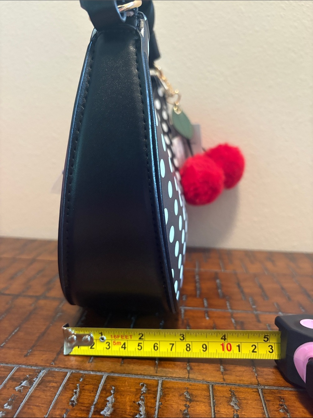 Betsey Johnson Black & White Polka Dot Crescent Shoulder Bag with Cherry Charm - Picture 16 of 16